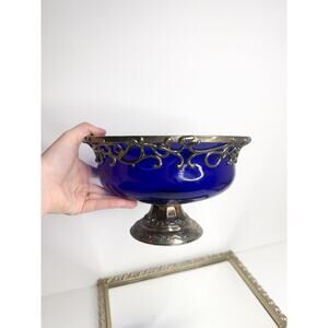 Beautiful Antique Blue Glass and Silverplate Pedestal Centerpeice Bowl with Frui